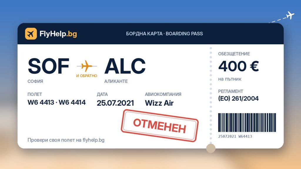 Обезщетение за отменени полети W6 4413 и W6 4414 (София – Аликанте) от 25.07.2021 г. – бордна карта FlyHelp.bg