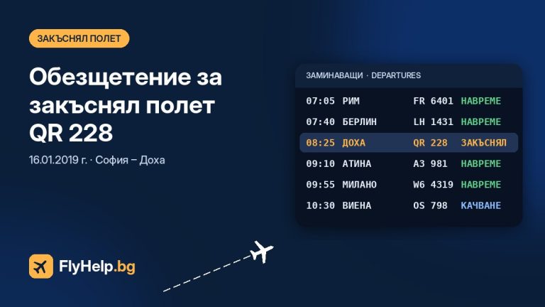 Обезщетение за закъснял полет QR 228 на Qatar Airways (София – Доха) от 16.01.2019 г. — FlyHelp.bg