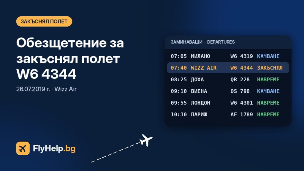 Обезщетение за закъснял полет W6 4344 на Wizz Air от 26.07.2019 г. — FlyHelp.bg